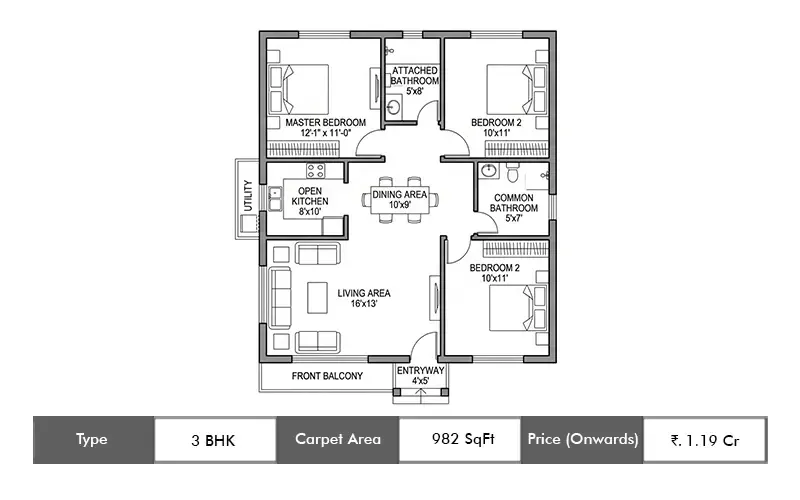 Kohinoor Boulevard Towers 3 BHK floor plan, 982 sq ft carpet area